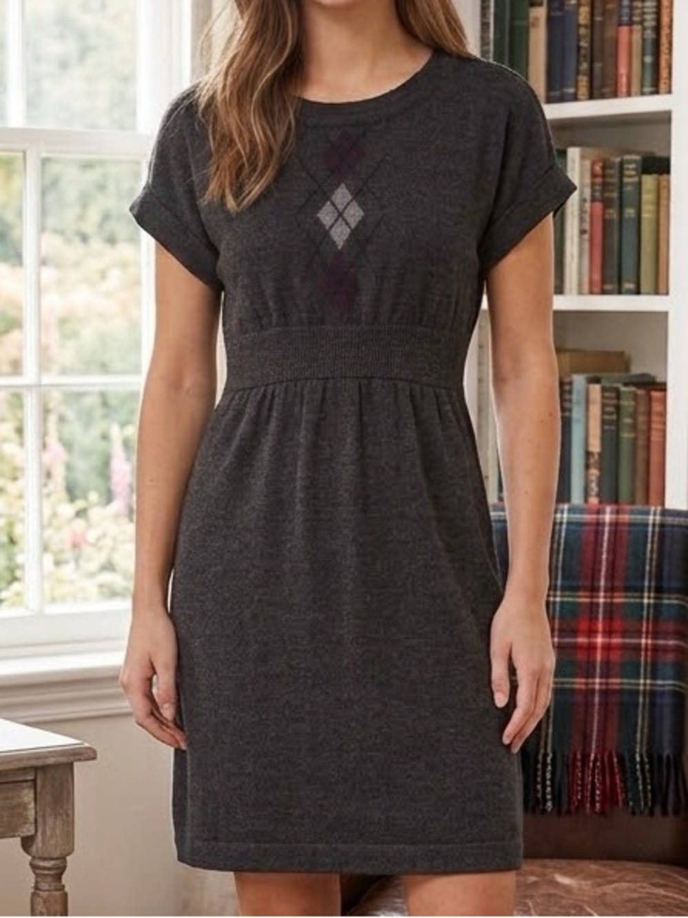 LOFT Argyle Knit Dress MP Charcoal Gray Purple Wool Blend Short Sleeve Mini